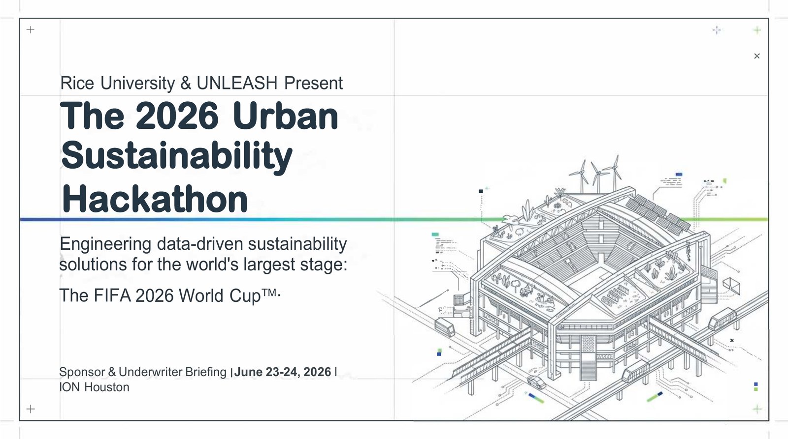 2026 Urban Sustainability Hackathon cover with data-driven stadium illustration