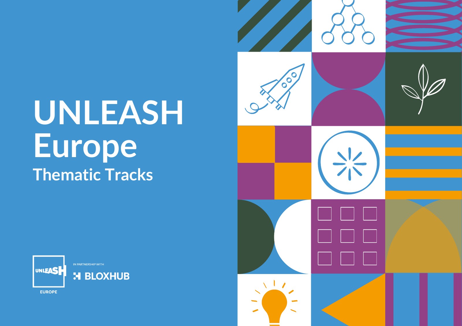 UNLEASH Europe thematic tracks slide with geometric pattern and innovation icons